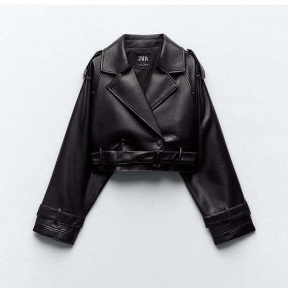 ZARA BLACK OVERSIZED CROPPED FAUX LEATHER TRENCH - Picture 3 of 5
